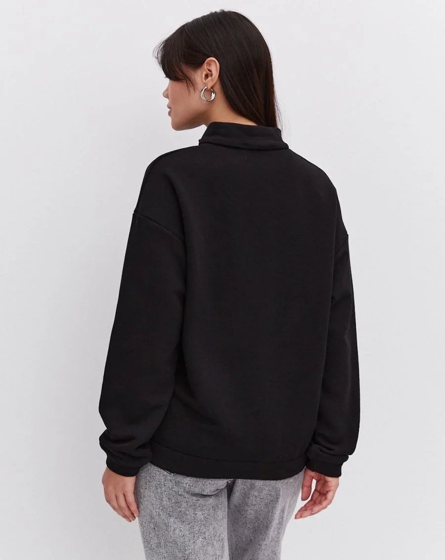 Γυναικείο Μαύρο Oversize 3-κλωνο Βαμβακερό Φούτερ με Μισό Φερμουάρ 4