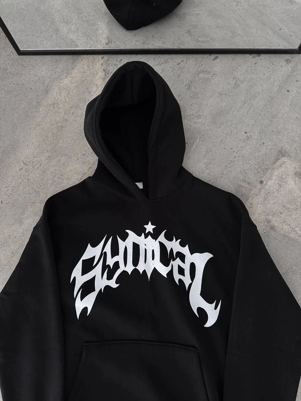 Femea Negru 3 Firă Bumbac Imprimat Buzunar Cangur Hoodie 2