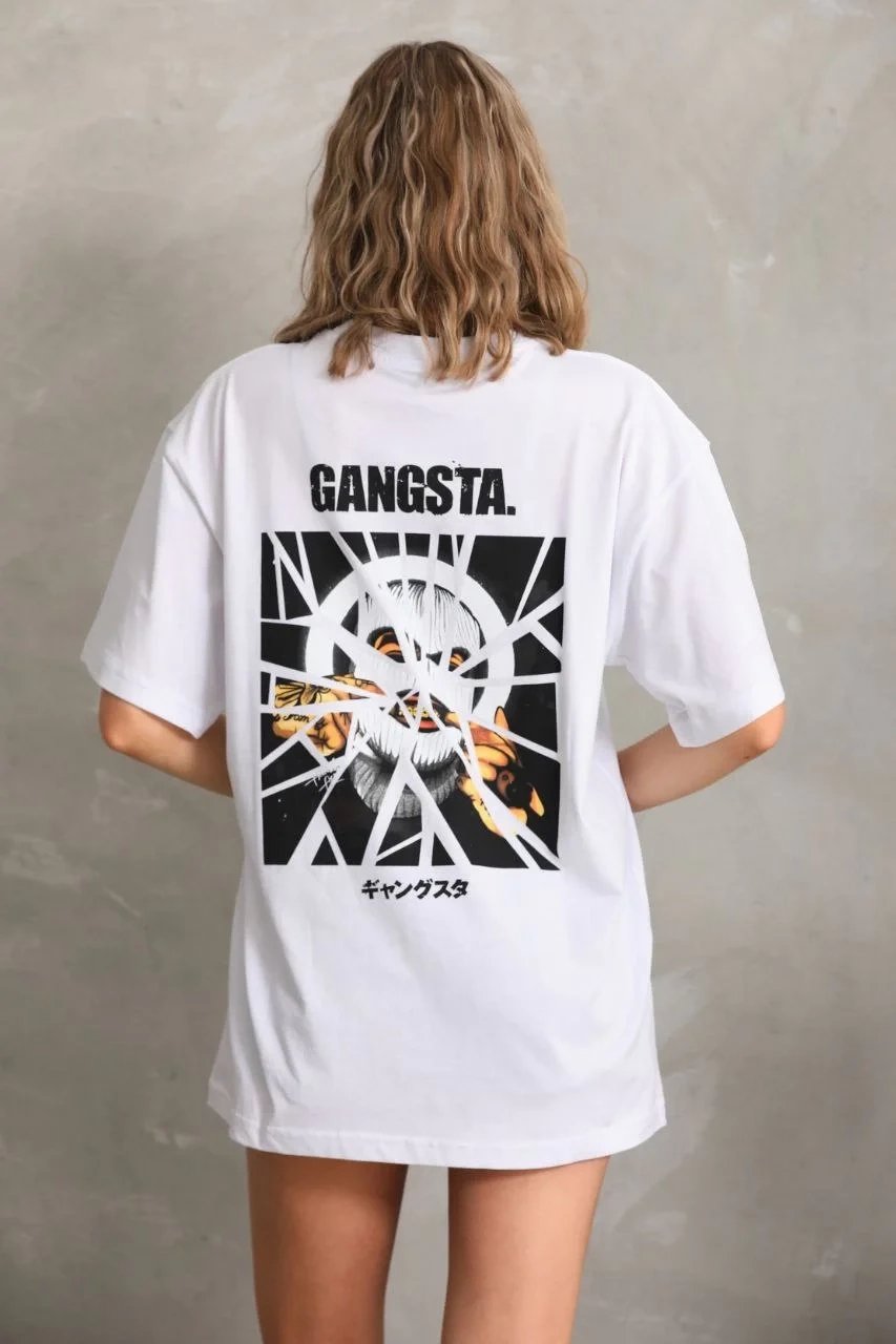 Damski oversize T-shirt biały, dekolt w serek, nadruk 2