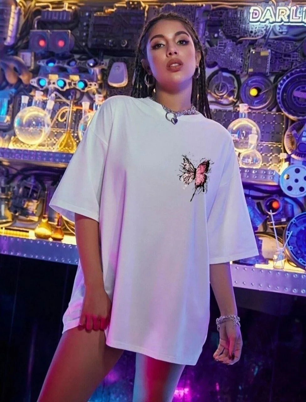 Dámske biele oversize motýľ potlač krátke rukávy tričko 4