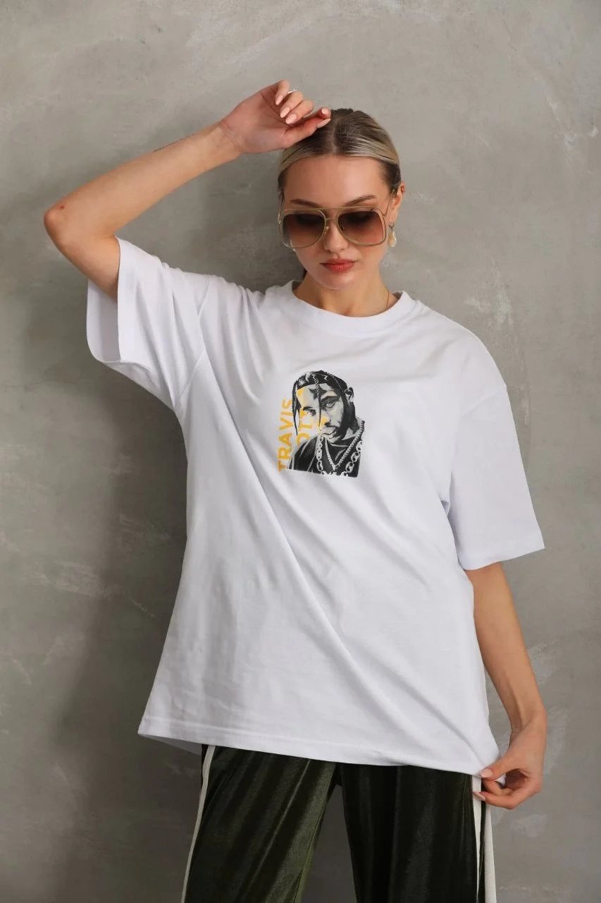 Γυναικείο Λευκό Oversize Στρογγυλό Λαιμό Τυπωμένο T-Shirt 7