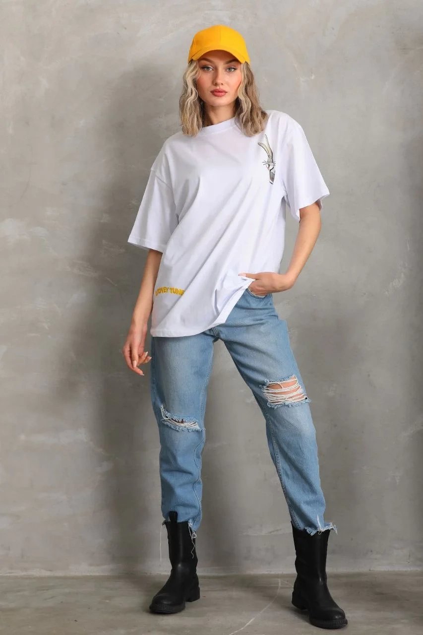 Γυναικείο Λευκό Oversize Στρογγυλό Λαιμό Τυπωμένο Καλοκαιρινό T-Shirt 7