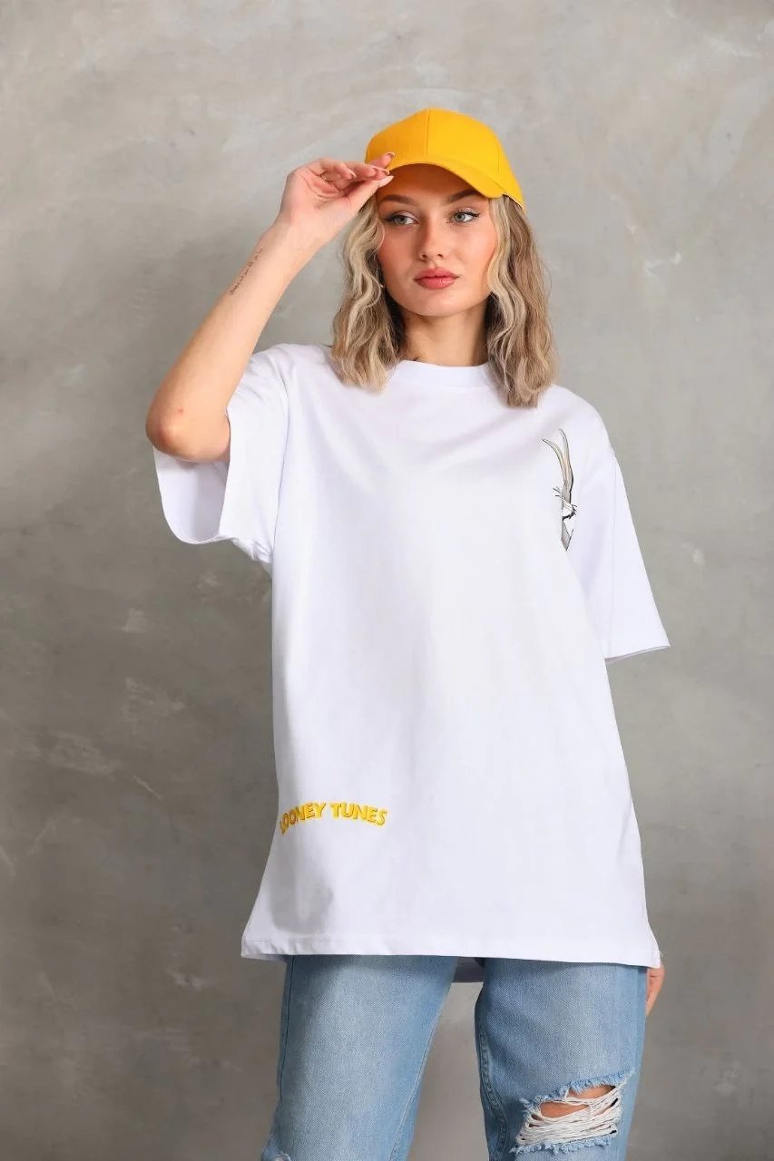 Γυναικείο Λευκό Oversize Στρογγυλό Λαιμό Τυπωμένο Καλοκαιρινό T-Shirt 8
