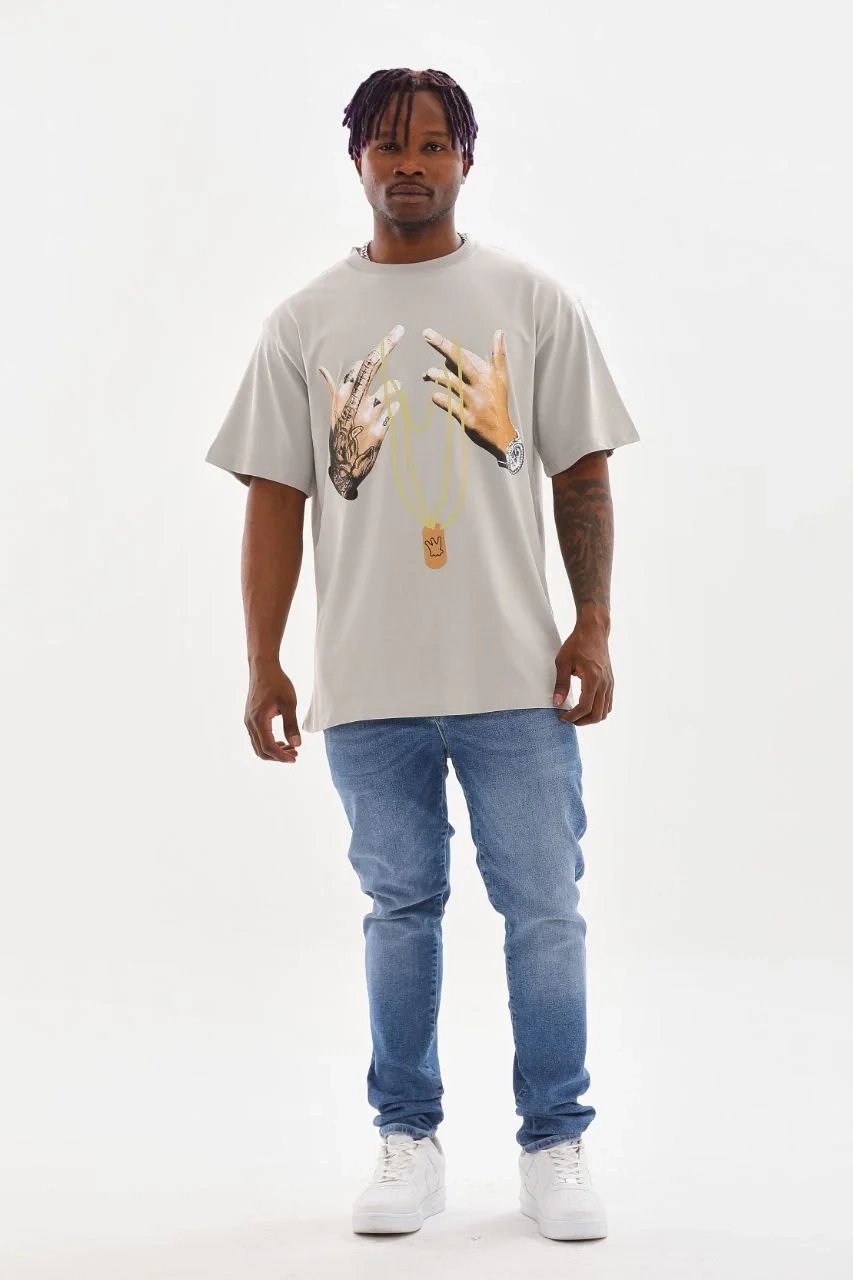 Gri Oversize Bicicletă Guler Imprimat Tricou Bărbătesc 4