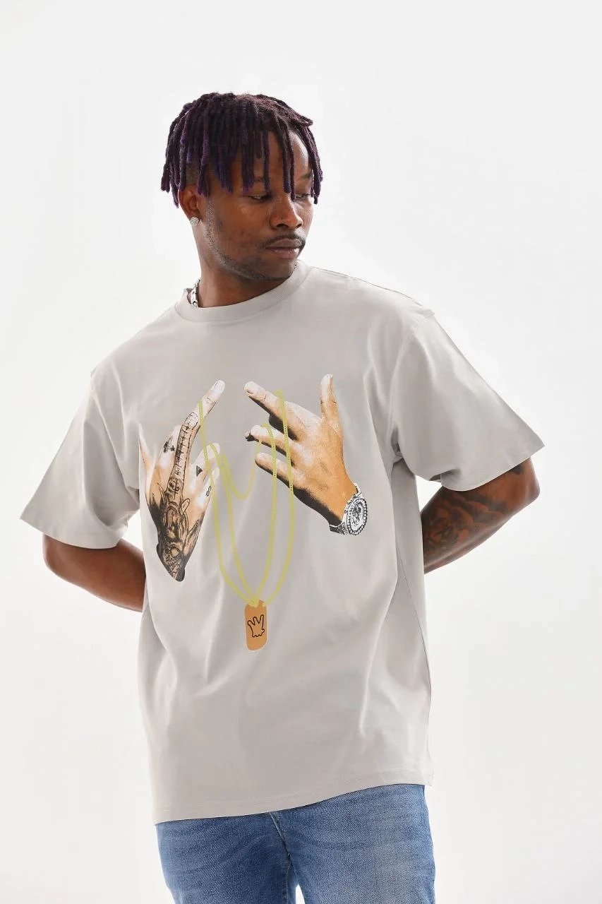 Gri Oversize Bicicletă Guler Imprimat Tricou Bărbătesc 5