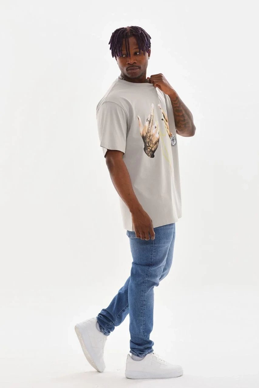 Gri Oversize Bicicletă Guler Imprimat Tricou Bărbătesc 6