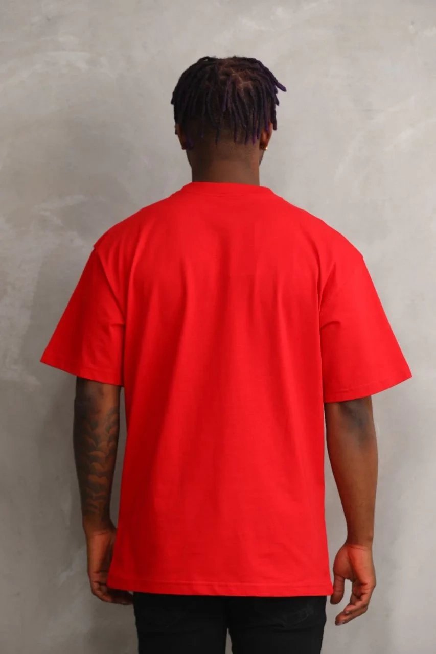 Машки црвен oversize велосипед јака печат маица 2