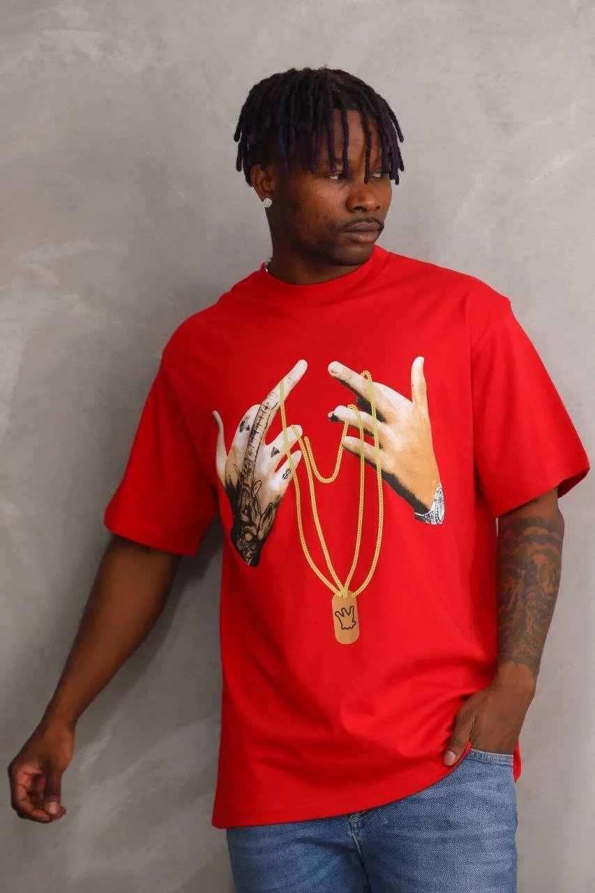 Ανδρικό Κόκκινο Oversize Ποδηλατόλαιμο Τυπωμένο T-shirt 5