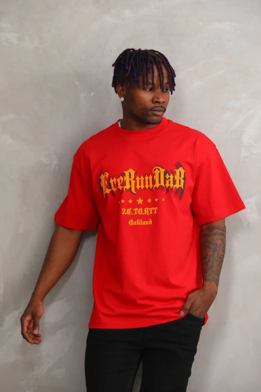 Машки црвен oversize велосипед јака печат маица 5
