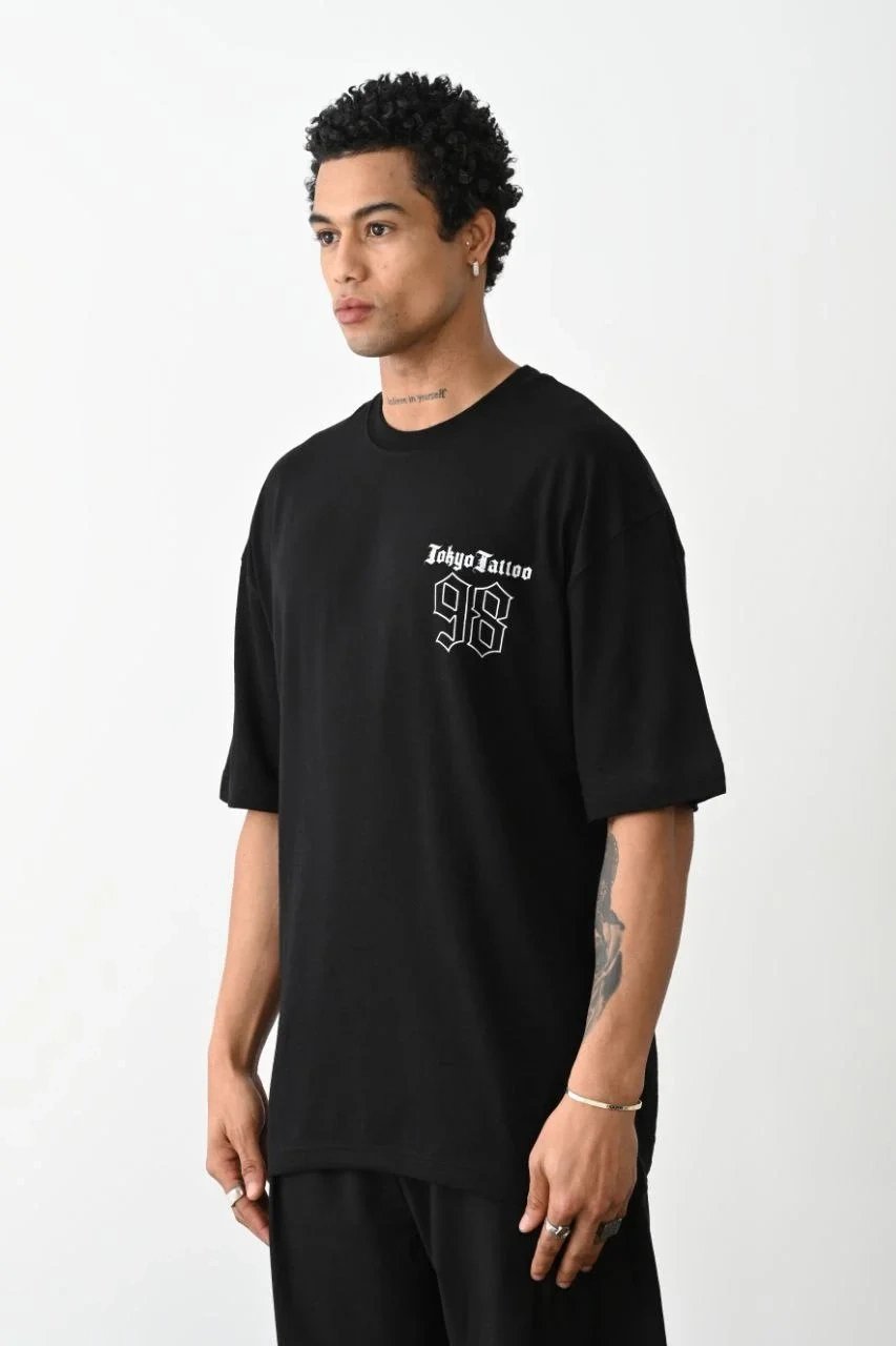Машки црно Oversize бицикли јака печатена летна маица 2