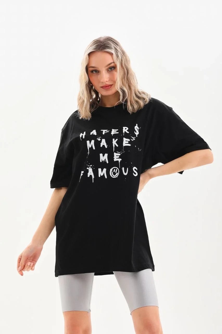 Bluzë e zezë për femra, oversize, me jakë biçiklete, të printuar 3