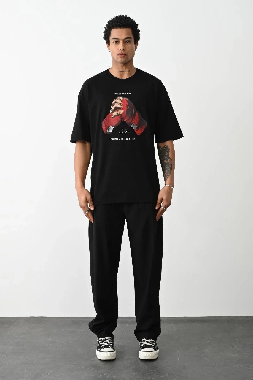 Ανδρικό Μαύρο Boxy Eldiven Τυπωμένο Ποδηλατόλαιμο T-shirt 4