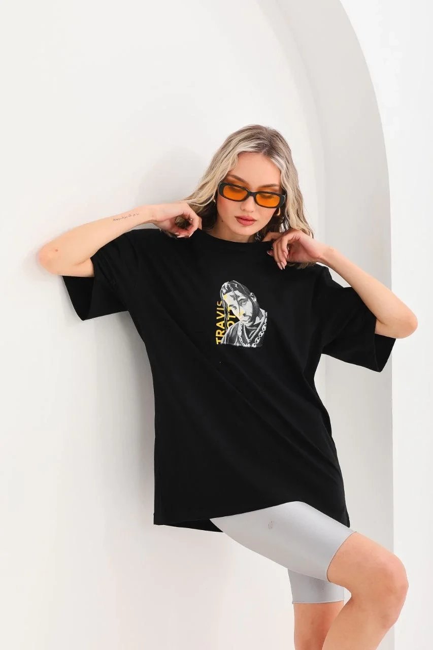 Ženski crni Oversize Bicikl izrez print Svakodnevna Majica 4