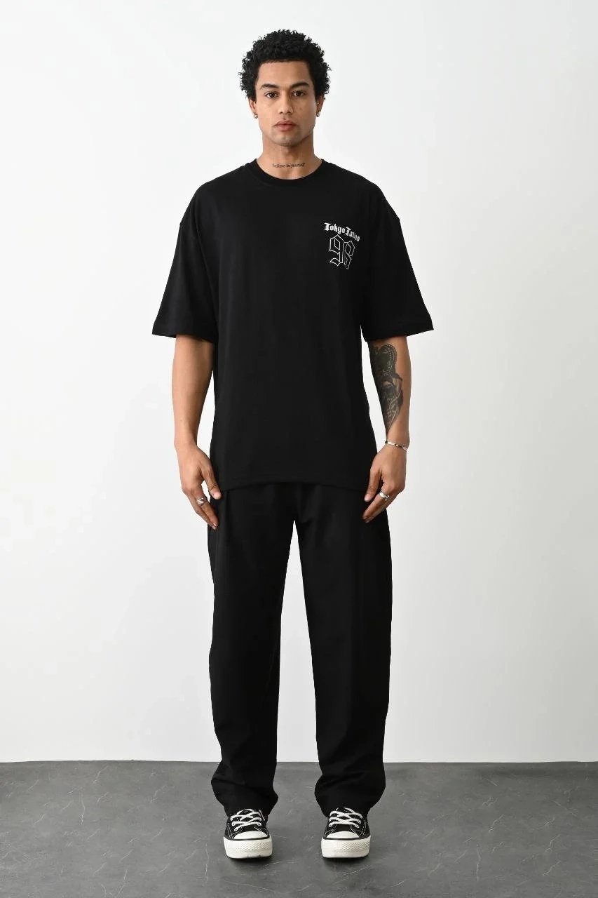 Машки црно Oversize бицикли јака печатена летна маица 5