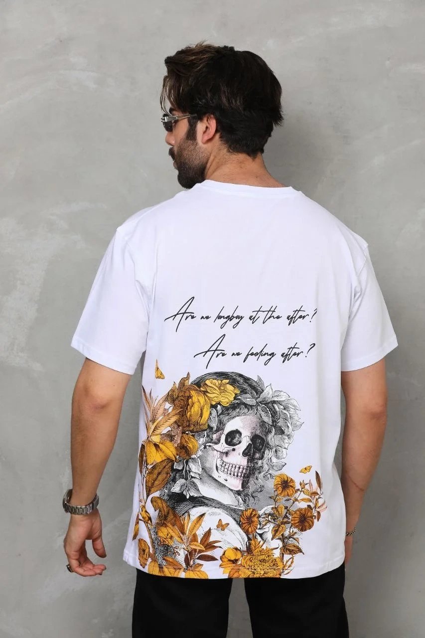 Λευκό Ανδρικό Oversize Ποδήλατο Λαιμό Τυπωμένο T-shirt 5