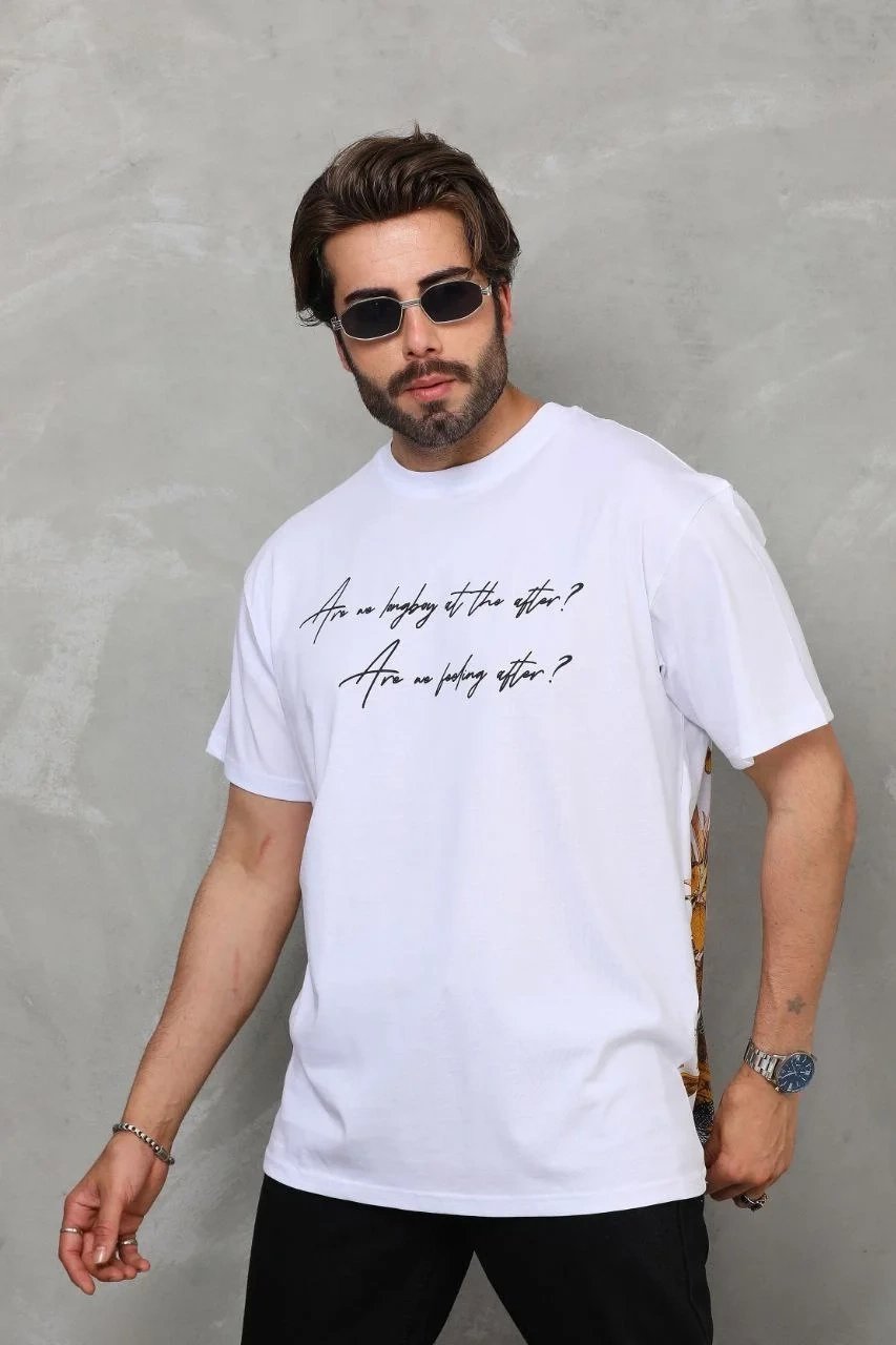 Λευκό Ανδρικό Oversize Ποδήλατο Λαιμό Τυπωμένο T-shirt 6