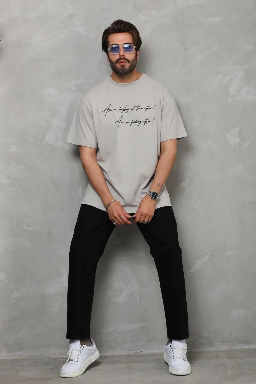 Γκρι Ανδρικό Oversize Ποδήλατο Λαιμό Τυπωμένο T-shirt 3