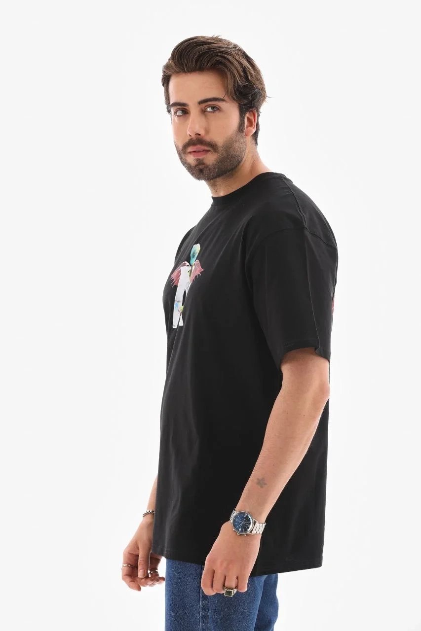 Kişi Qara Regular Velosiped Yaxası Çap Tişört 2
