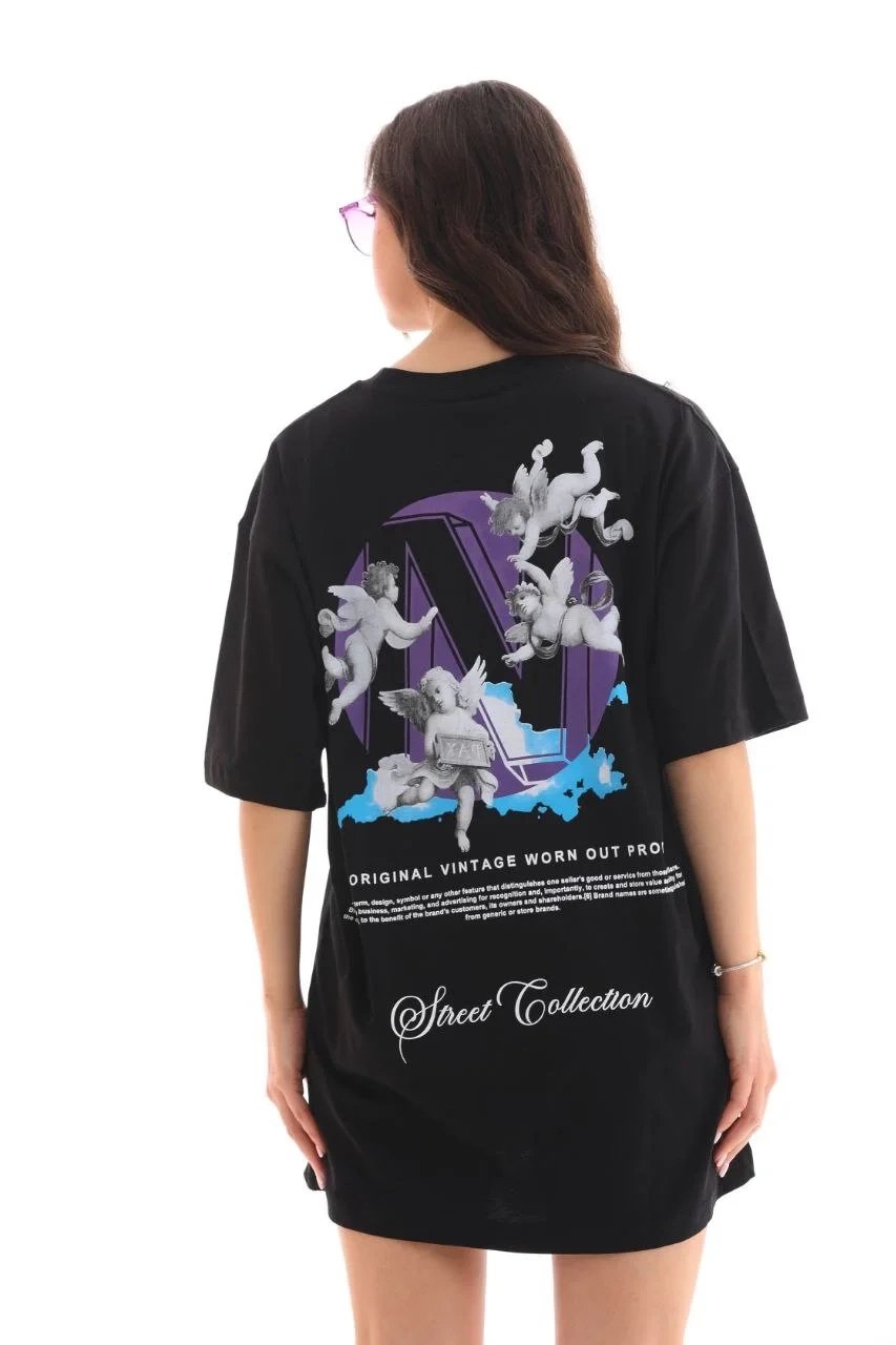 Bluzë Femrash e Zezë Oversize me Jakë Biçiklete dhe Print 5