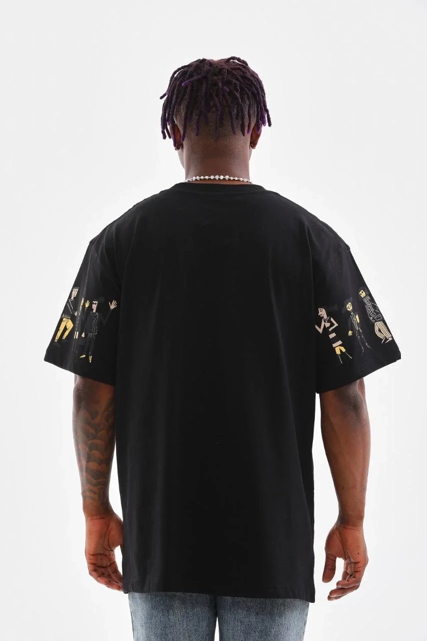 Машки црн oversize принт бицикли јака летна маица 7