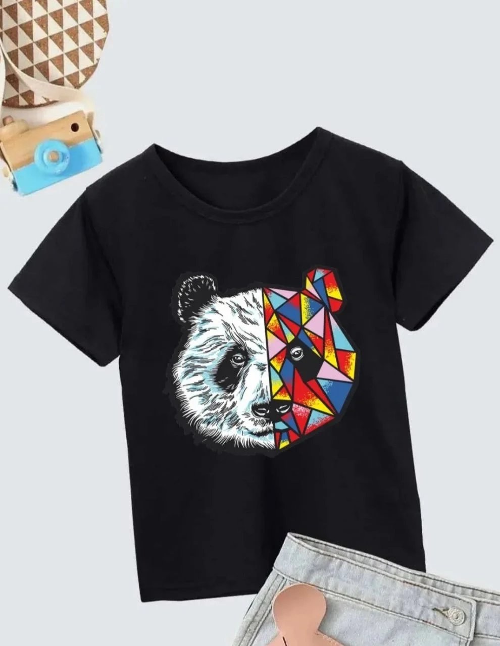Children Black Oversize Printed Bicycle Neck T-Shirt 2