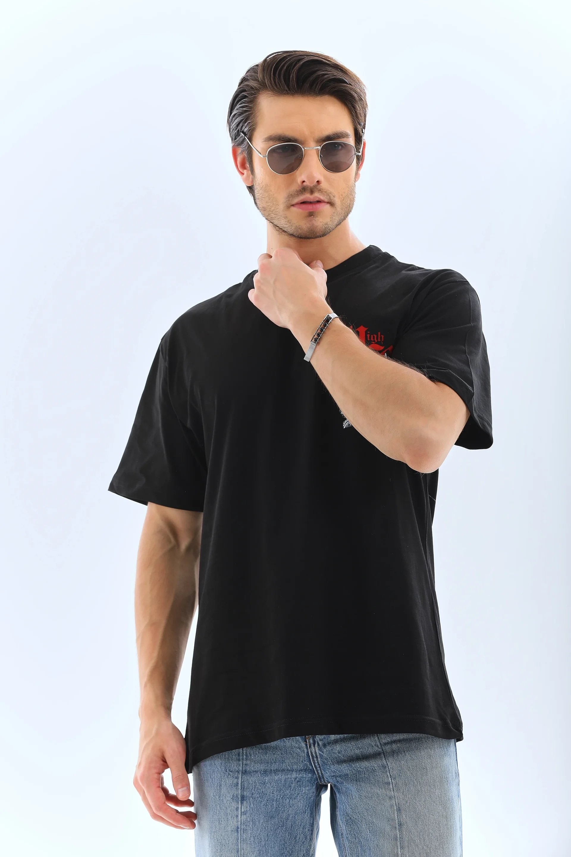 Ανδρικό Μαύρο Oversize Ποδηλατόλαιμο Τυπωμένο T-shirt 5
