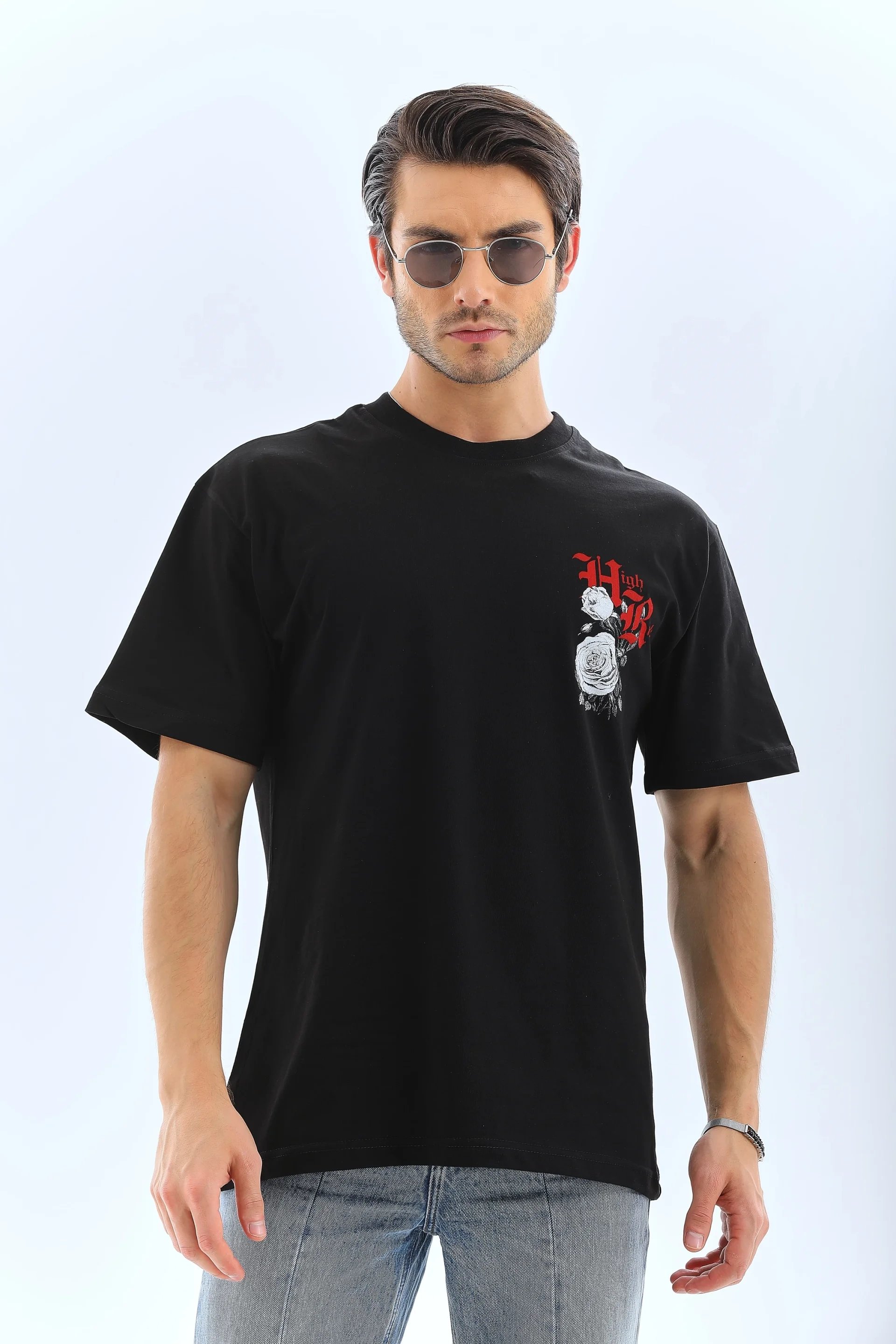 Ανδρικό Μαύρο Oversize Ποδηλατόλαιμο Τυπωμένο T-shirt 7