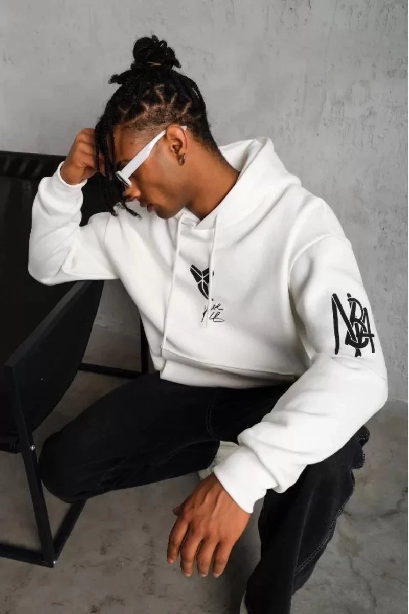 Pánské černé oversized 3-nitné bavlněné potištěné mikiny s kapucí a kapsami 4