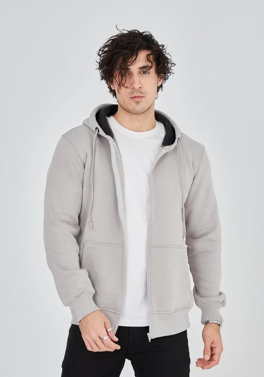 Kişi Boz 3 İplik Pambıqlı Tam Fermuarlı Başlıqlı Cepli Hoodie 3