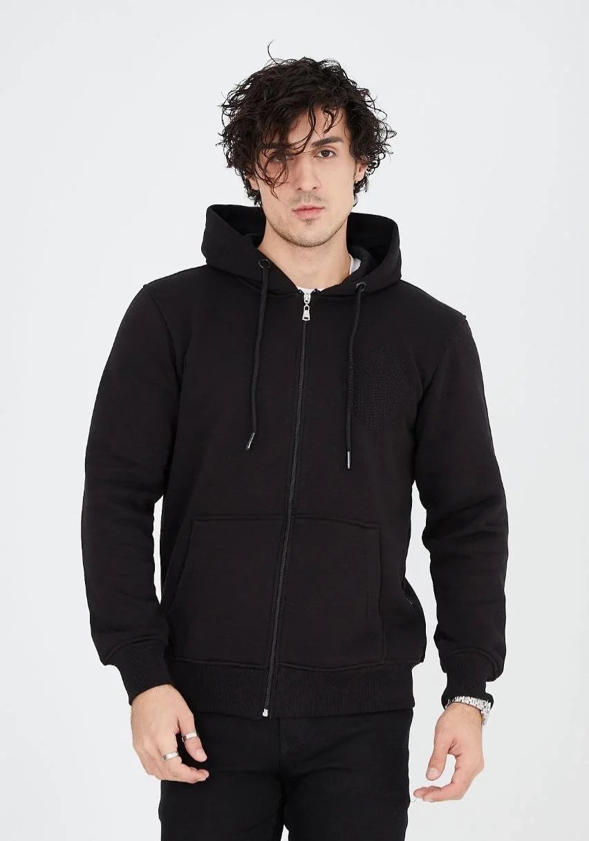 Muški crni 3-nitni pamučni full zip hoodie s džepovima 4
