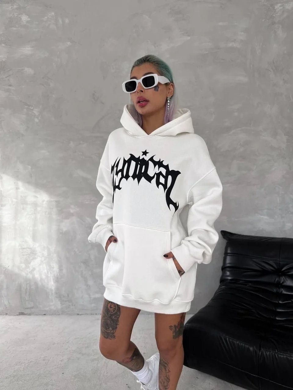 Women's White Oversize 3-Thread Cotton Hooded Printed Sweatshirt 2