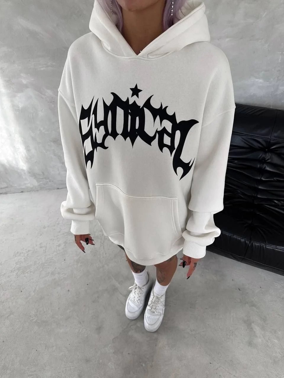 Women's White Oversize 3-Thread Cotton Hooded Printed Sweatshirt 3