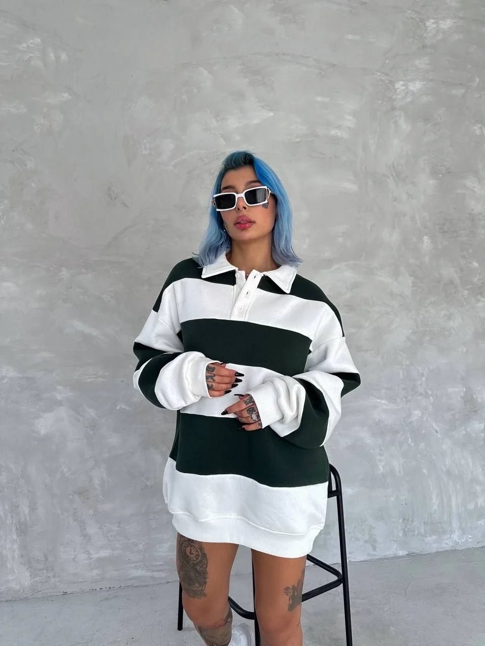 Gratë e Gjelbërta 3 Fije Pambuku me Jakë të Copëzuar Sweatshirt 3