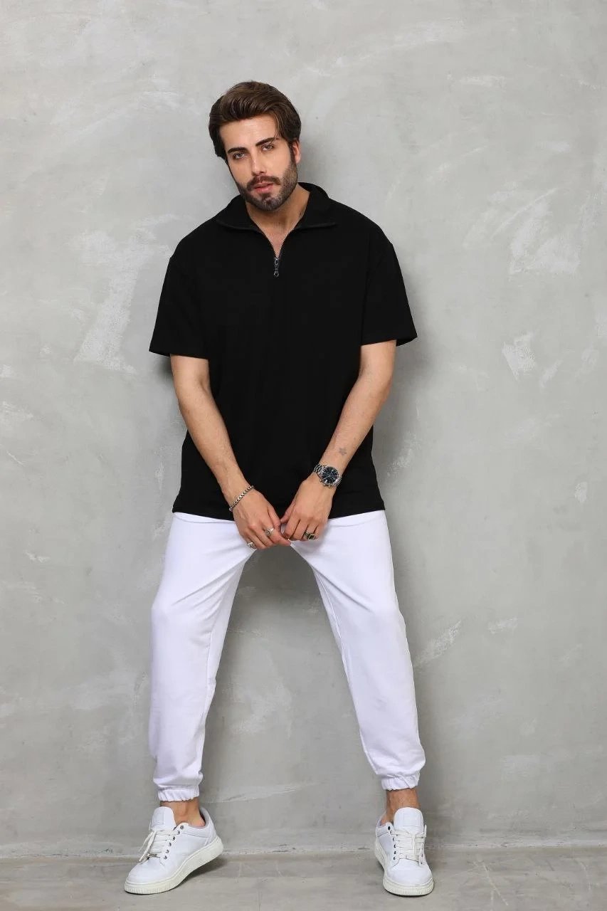 Pánské černé oversize tričko s polovičním zipem, hladké 6