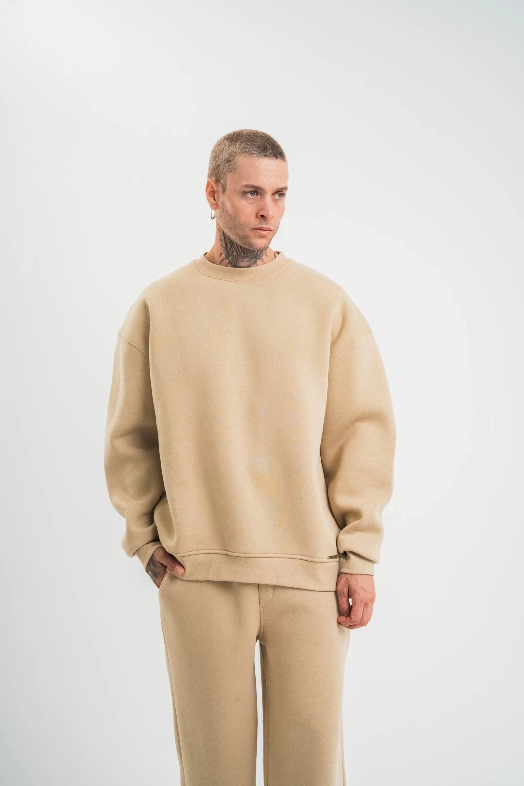 Férfi Bézs Hosszú Ujjú Kerékpárnyakú 3 Szálas Pamut Vastag Sweatshirt 6