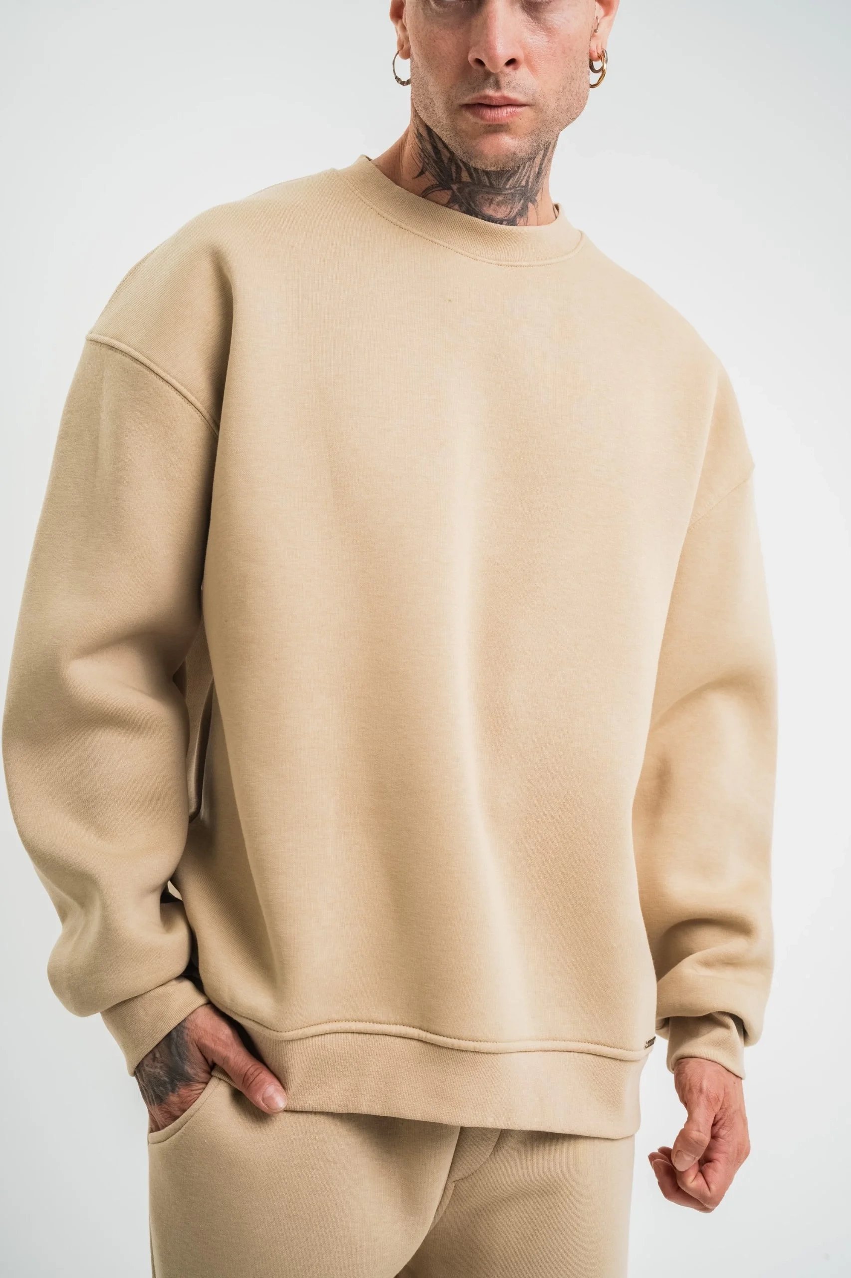 Férfi Bézs Hosszú Ujjú Kerékpárnyakú 3 Szálas Pamut Vastag Sweatshirt 7