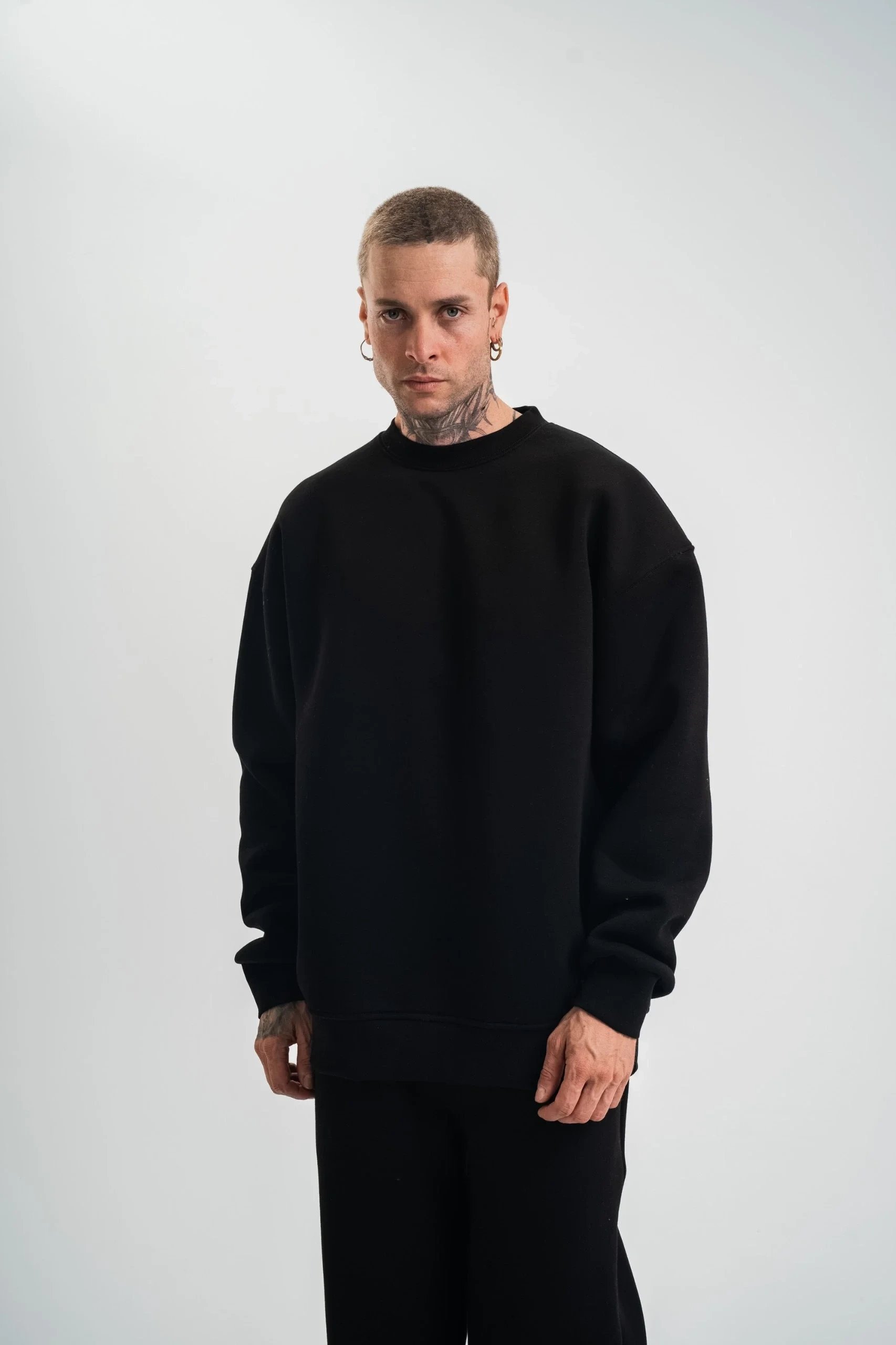 Машки црн 3-нишки памучен долг ракав велосипед јака Sweatshirt 4