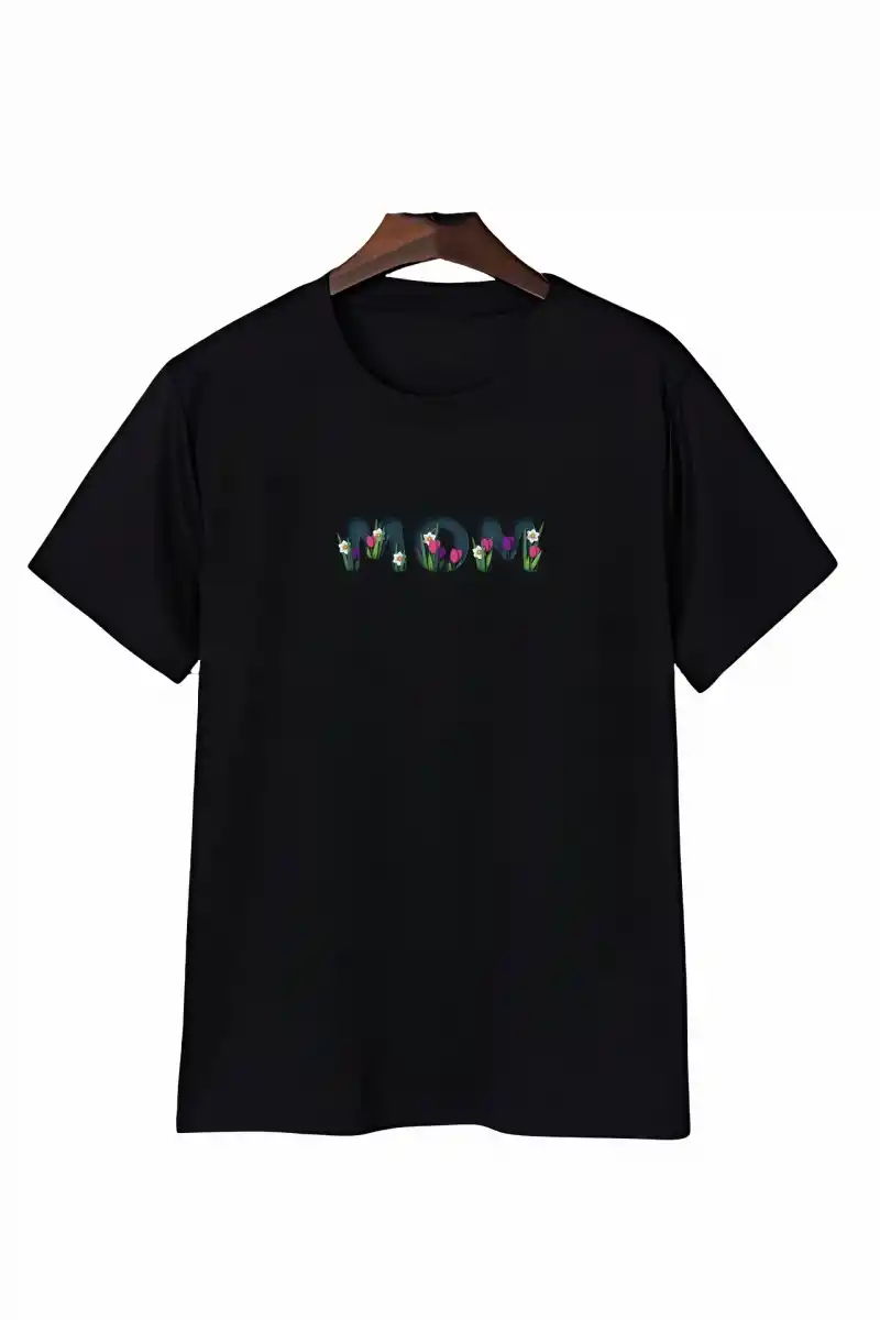 Anneler Gününe Özel Tasarım mom Çiçek Baskılı T-shirt - Siyah