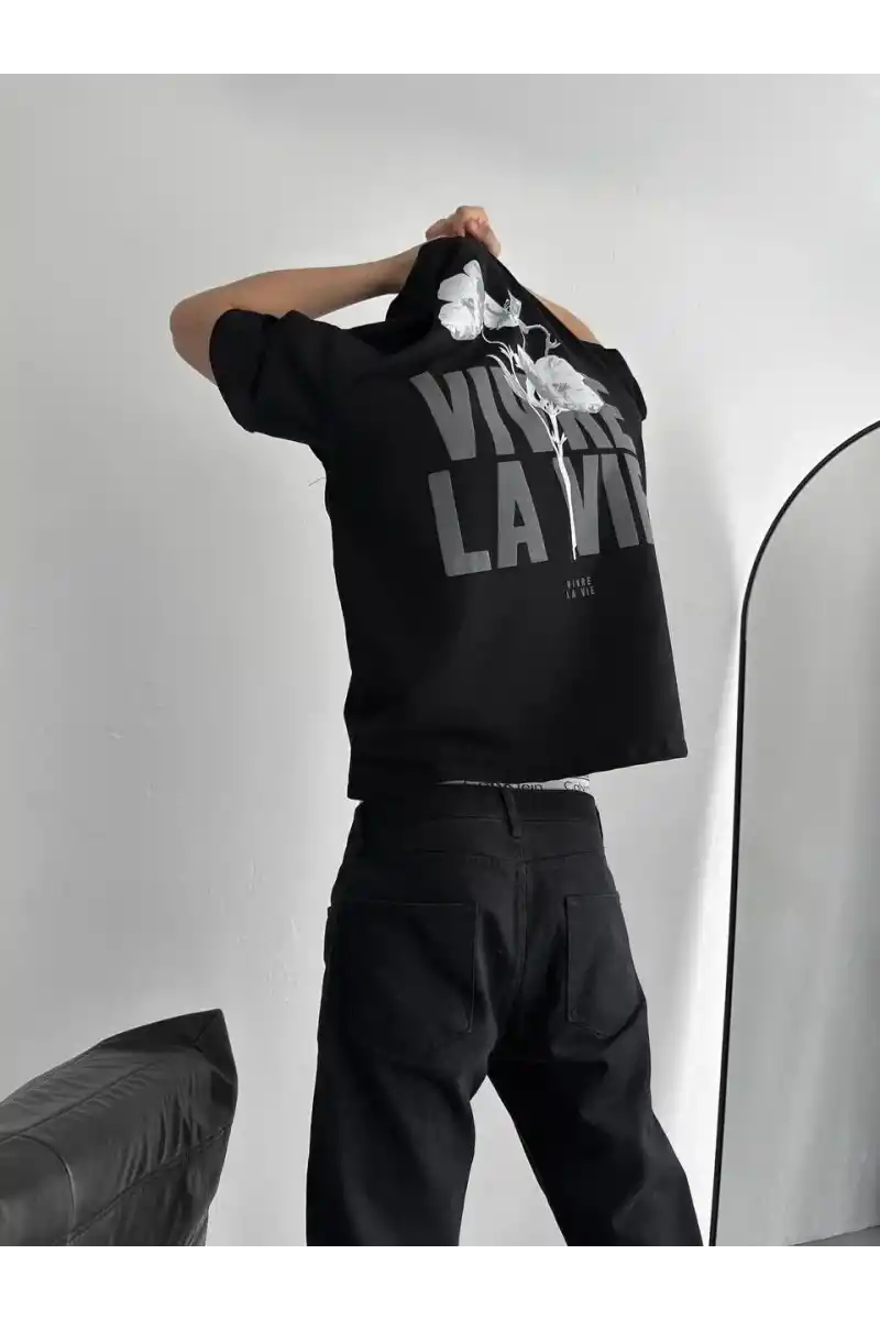 ERKEK Baskılı Oversize Bisiklet Yaka T-shirt - Siyah