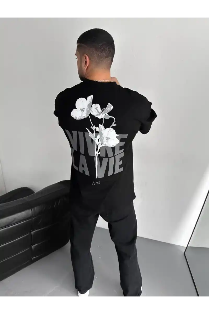 ERKEK Baskılı Oversize Bisiklet Yaka T-shirt - Siyah