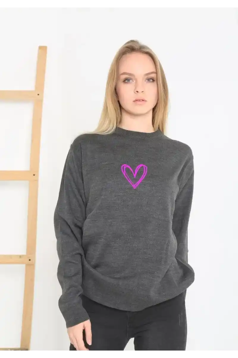 Kadın Bisiklet Yaka Kazak Baskılı Dokuma Triko - Füme