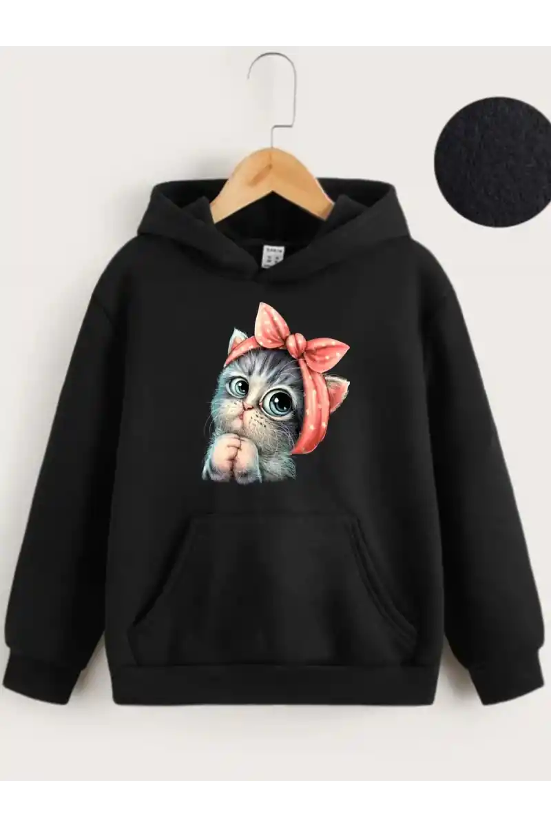 Çocuk Unisex Kapüşonlu Tatlı Kedi Baskılı Sweatshirt - Siyah