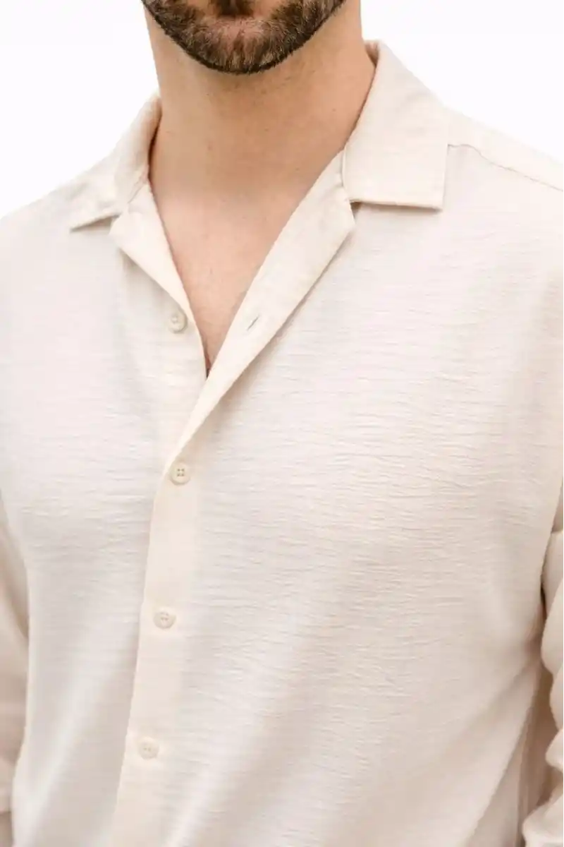 Erkek Aerobin Kumaş Oversize 4 Mevsim Uzun Kollu Rahat Kalıp Gömlek - Bej