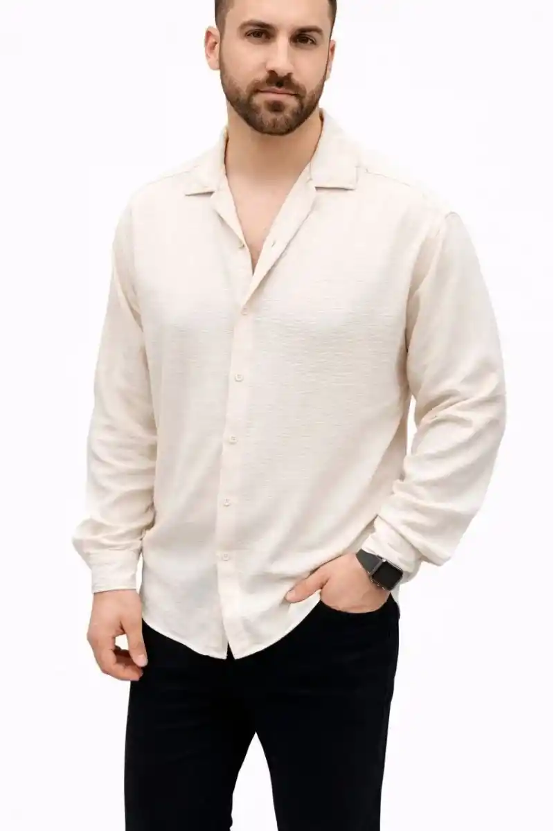 Erkek Aerobin Kumaş Oversize 4 Mevsim Uzun Kollu Rahat Kalıp Gömlek - Bej