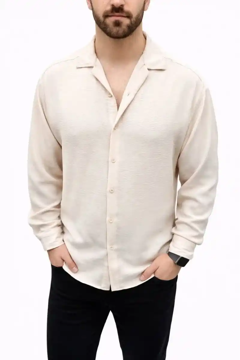 Erkek Aerobin Kumaş Oversize 4 Mevsim Uzun Kollu Rahat Kalıp Gömlek - Bej