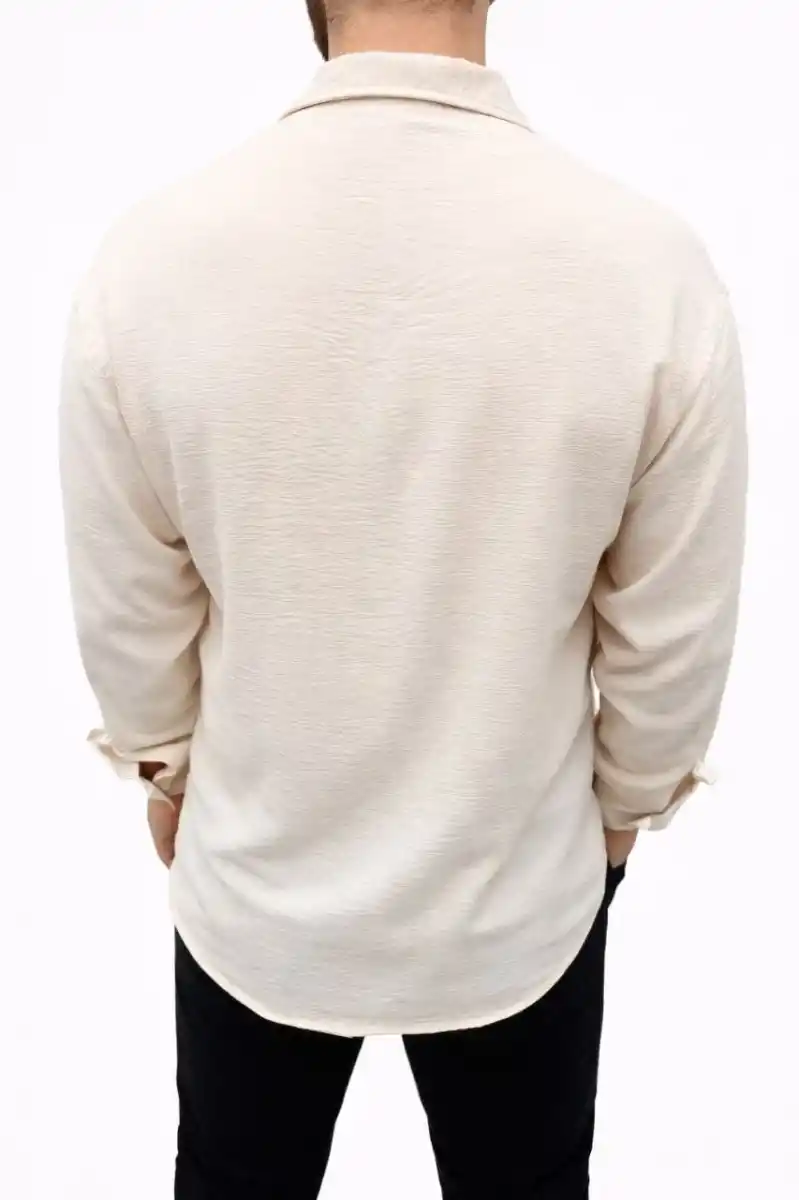 Erkek Aerobin Kumaş Oversize 4 Mevsim Uzun Kollu Rahat Kalıp Gömlek - Bej