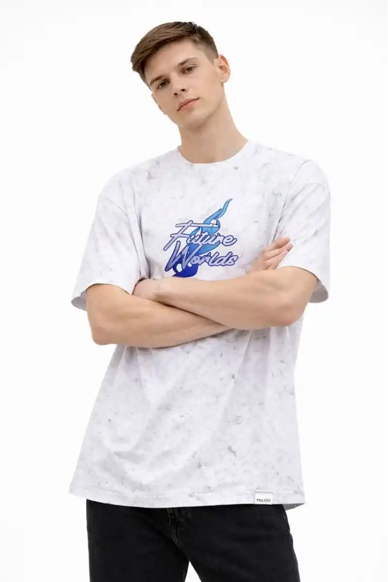 Erkek Asit Yıkamalı Oversize Tişört Future Worlds Baskılı Bisiklet Yaka Kısa Kollu - Beyaz