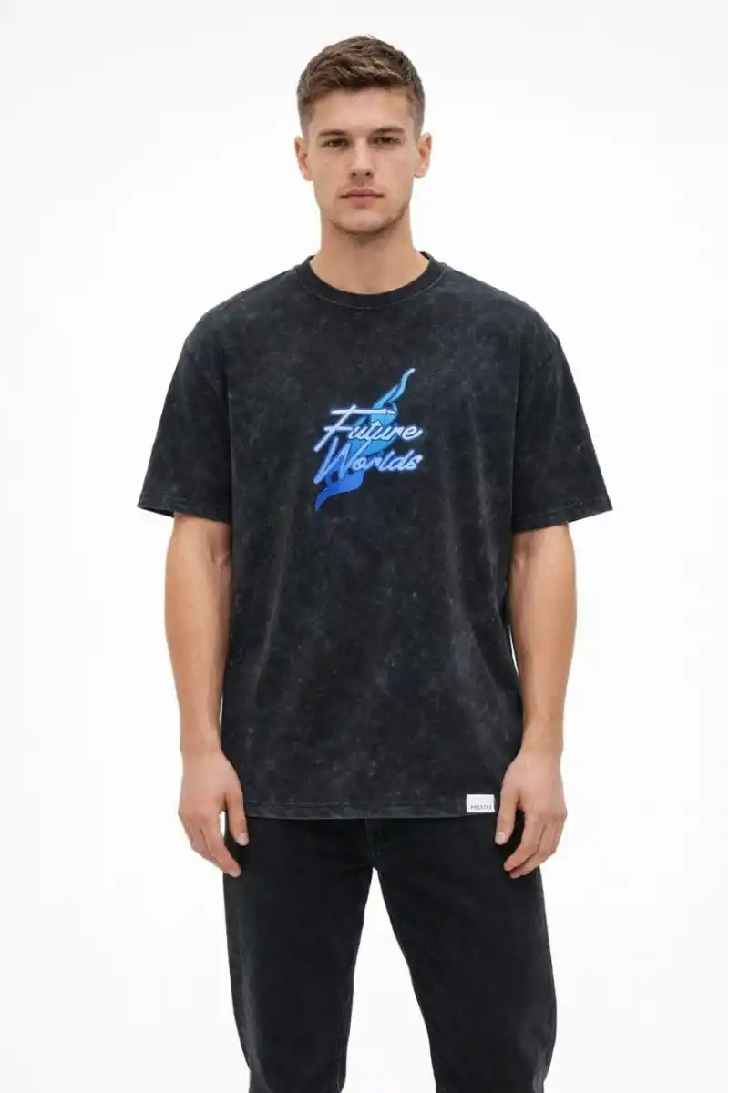 Erkek Asit Yıkamalı Oversize Tişört Future Worlds Baskılı Bisiklet Yaka Kısa Kollu - Siyah