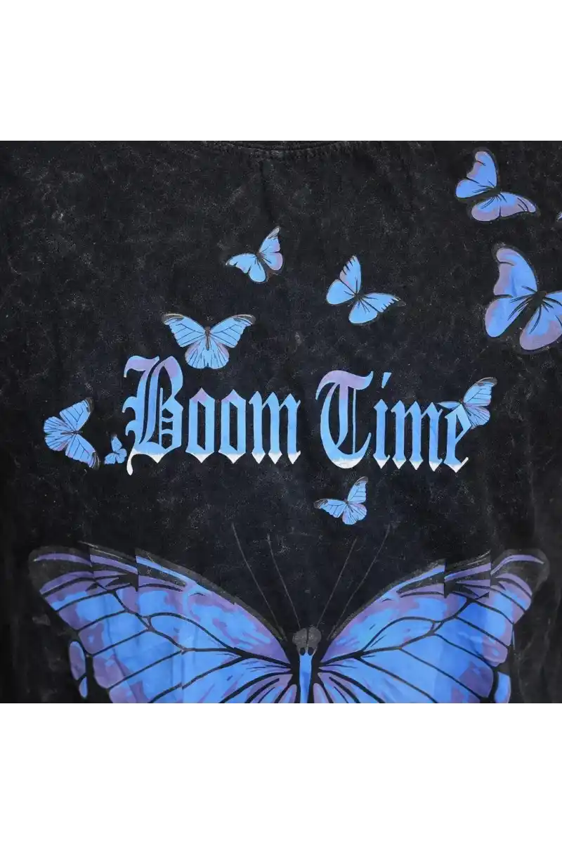 Erkek Asit Yıkamalı Oversize Tişört Mavi Kelebek Baskılı Dijital Print Bisiklet - Siyah