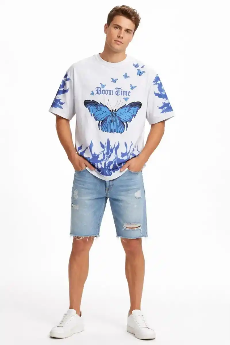 Erkek Asit Yıkamalı Oversize Tişört Mavi Kelebek Baskılı Dijital Print Bisiklet - Beyaz